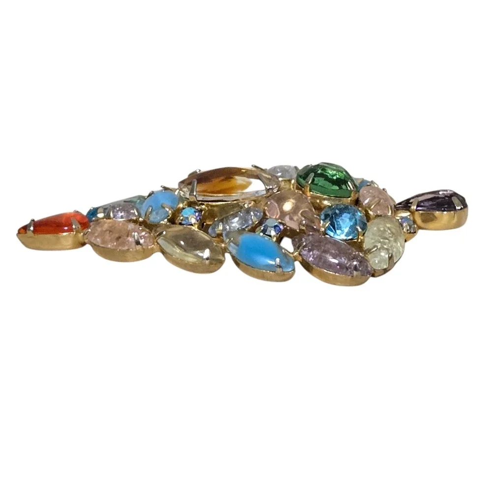 Multi Colored Crackle Glass Givre Fruit Salad Christmas Tree Brooch Pin Vtg